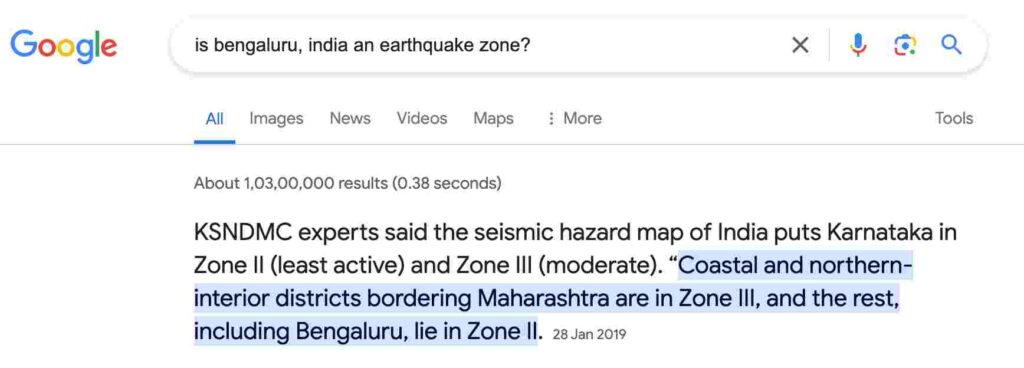 is bengaluru india an earthquake zone