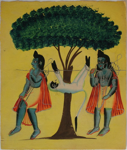 Colorful Indian Kalighat painting showing cultural and religious themes