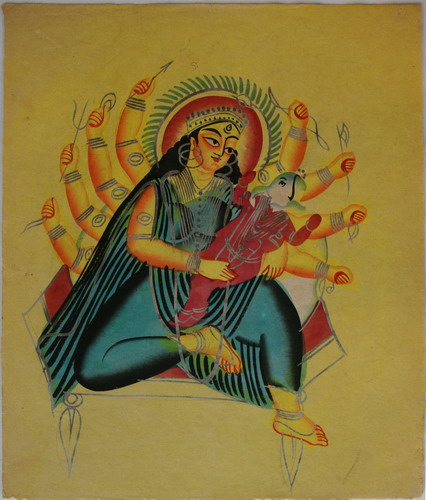 Colorful Indian Kalighat painting showing cultural and religious themes