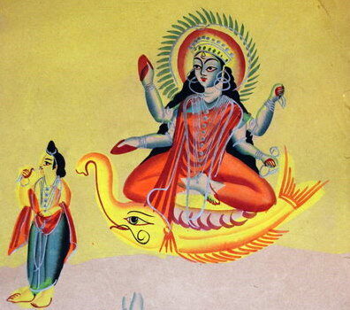 Colorful Indian Kalighat painting showing cultural and religious themes