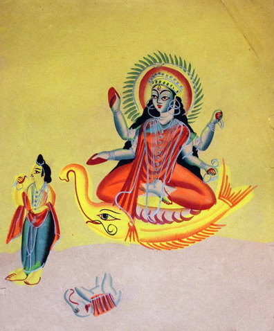 Colorful Indian Kalighat painting showing cultural and religious themes