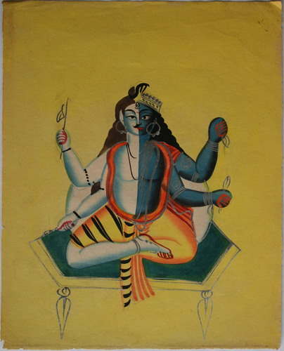 Colorful Indian Kalighat painting showing cultural and religious themes